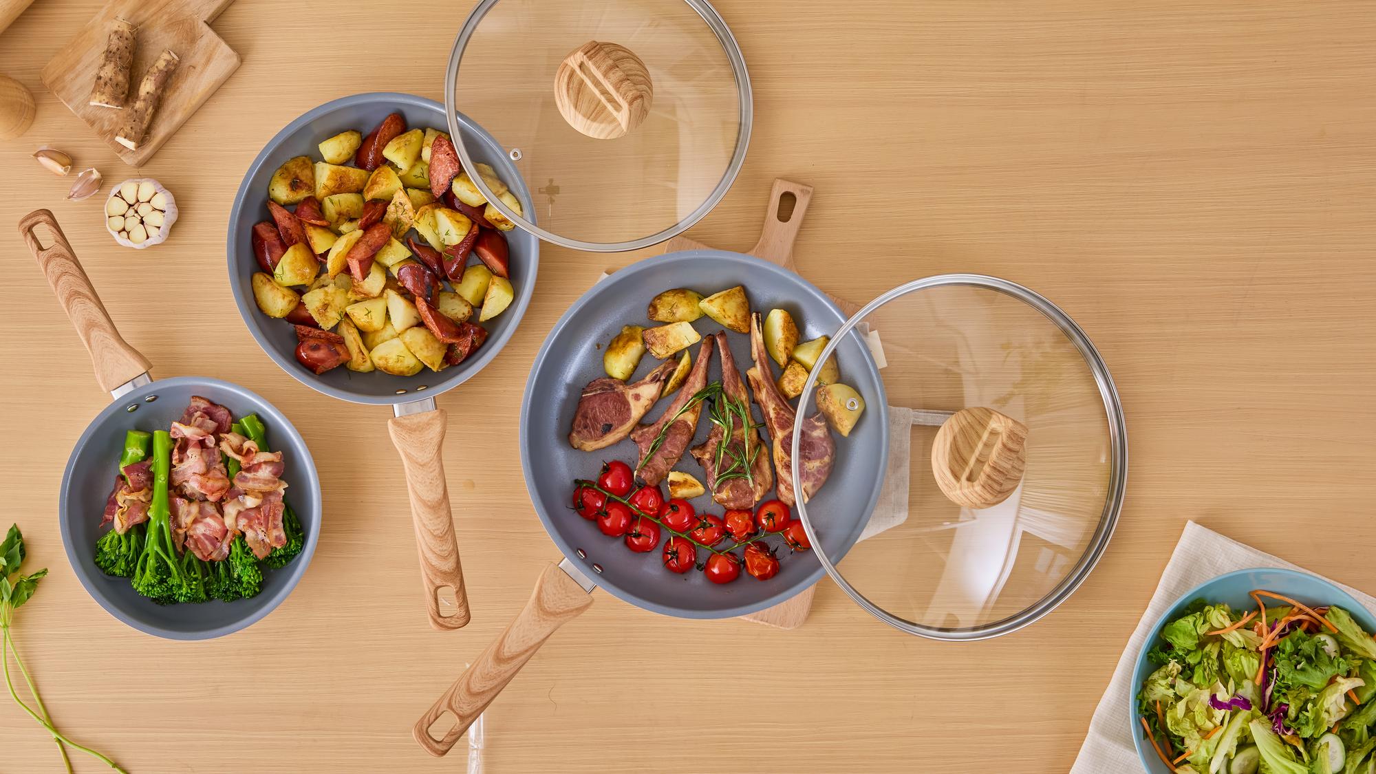 Workspace with organized meal prep tools and bowls